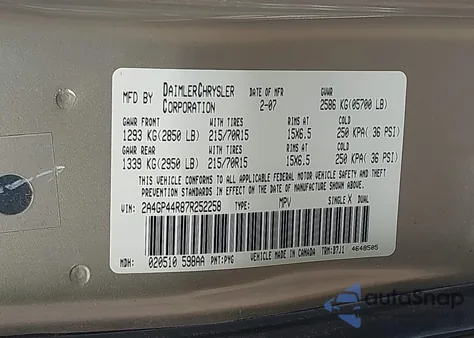 2007 Chrysler Town & Country Lx из США, поврежденный, VIN 2A4GP44R87R252258